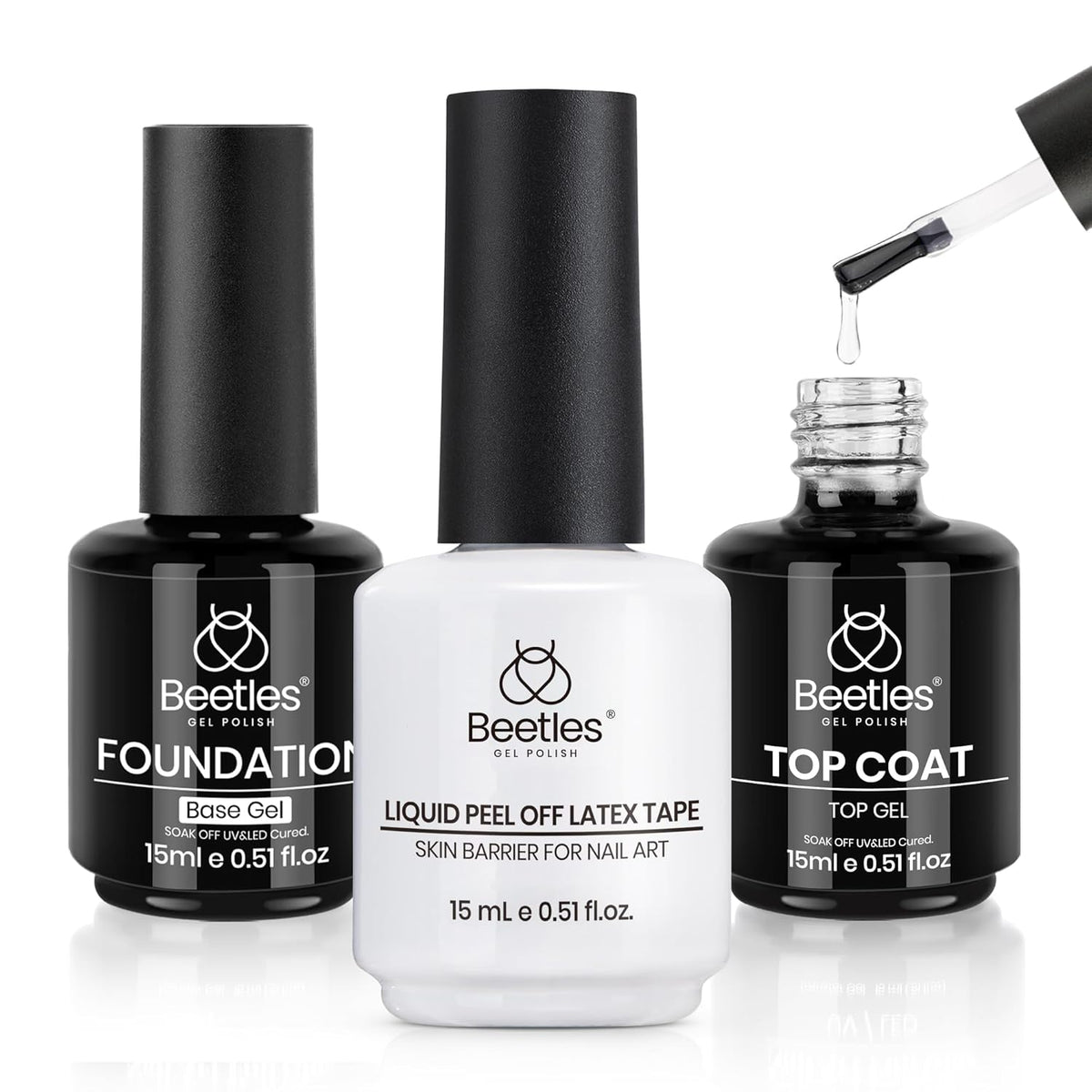 Beetles 3Pcs 15ml Gel Polish Top Coat Base Coat and Liquid Peel Off Latex Set No Wipe Base Top Coat