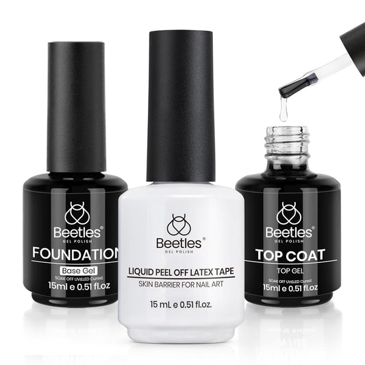 Beetles 3Pcs 15ml Gel Polish Top Coat Base Coat and Liquid Peel Off Latex Set No Wipe Base Top Coat