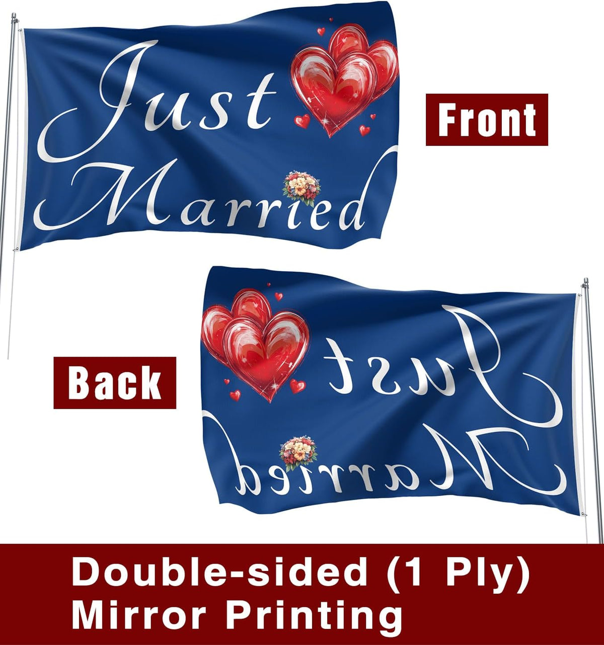 Just Married Flag Banner Outdoor Indoor Decoration Flag 3x5 FT Double Stitched Polyester with Brass