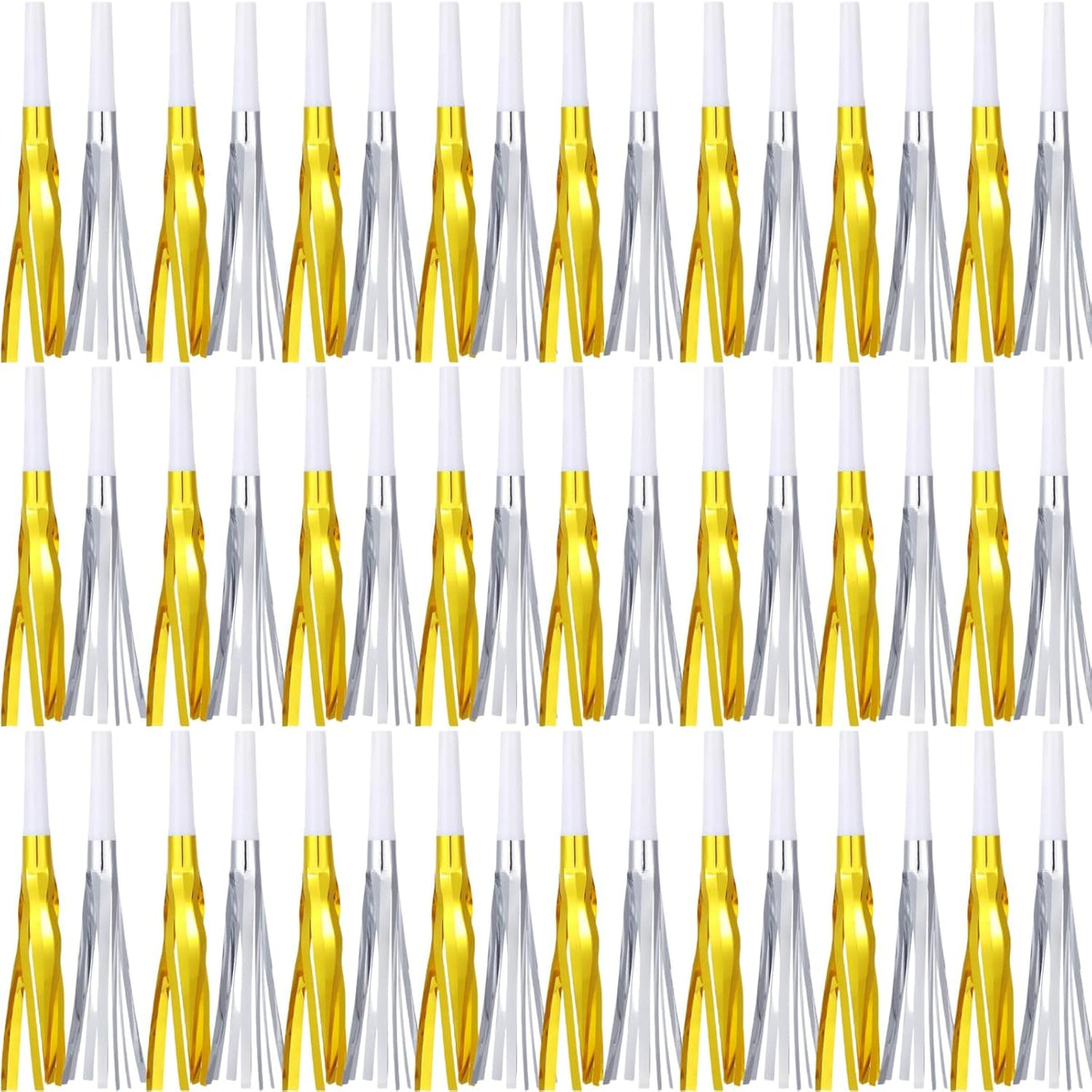 Metallic Fringed Noise Makers, 48 Pcs, Gold White, Silver White, for Noise Makers Party Favors