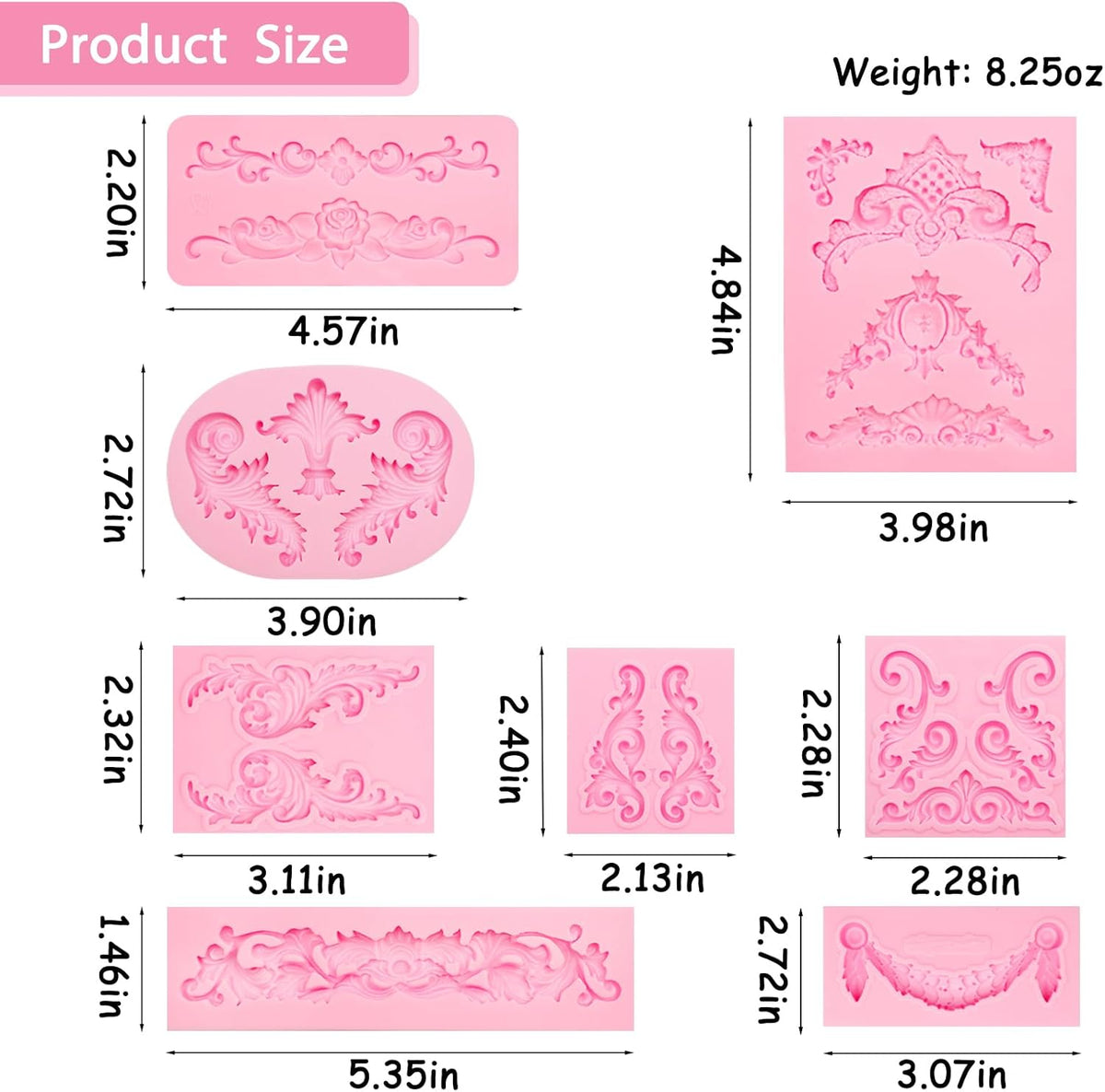 Baroque Scroll Silicone Fondant Molds, 8-Piece Decorative Border Cake Molds Set for Cupcake Topper