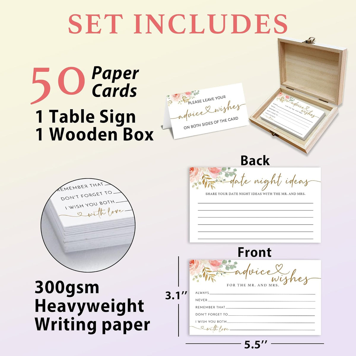 Rose Gold Advice and Wishes for the Mr and Mrs - 50 Packs Wedding Advice Cards Bridal Shower Game