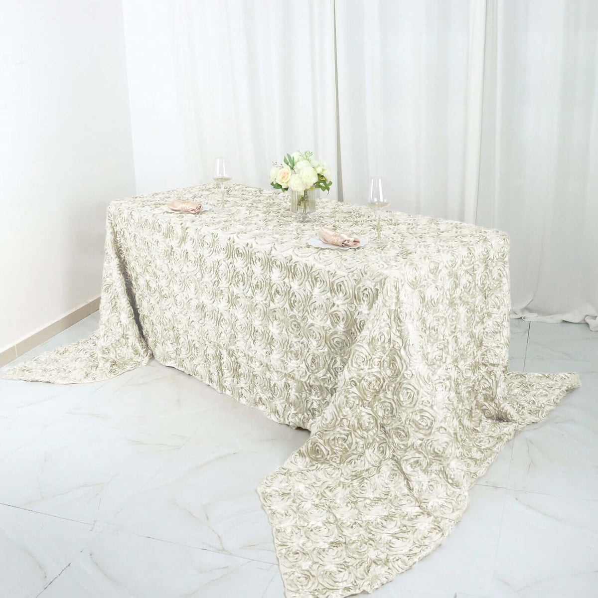 Efavormart 90"x156" Wholesale Rectangle Table Cover Ivory Grandiose Rosette 3D Satin Tablecloth for