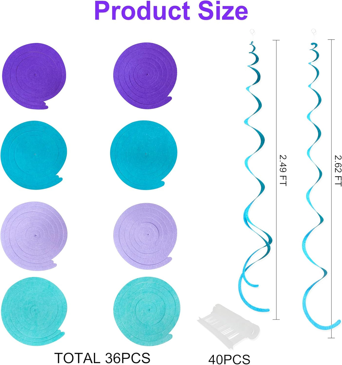 36 Pcs Mermaid Hanging Swirl Decorations Teal Purple Felt Swirl Streamer Spiral Ceiling Decorations