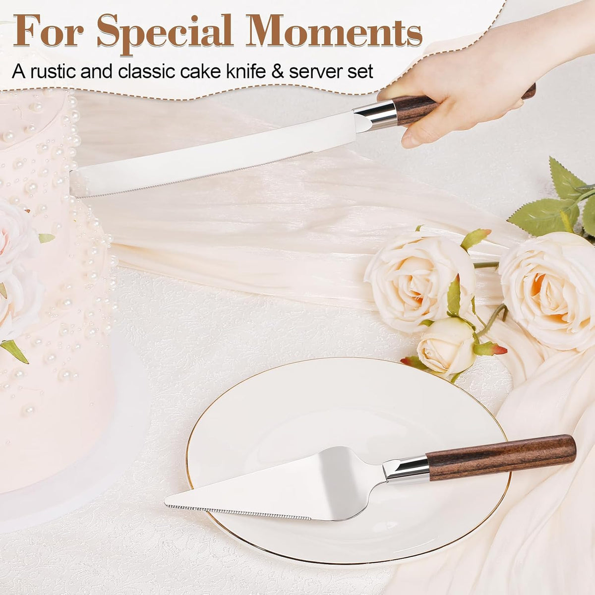 Cake Cutting Set for Wedding, Wood Cake Knife and Server Set, Vintage Pie Cake Cutter, Silver Pizza