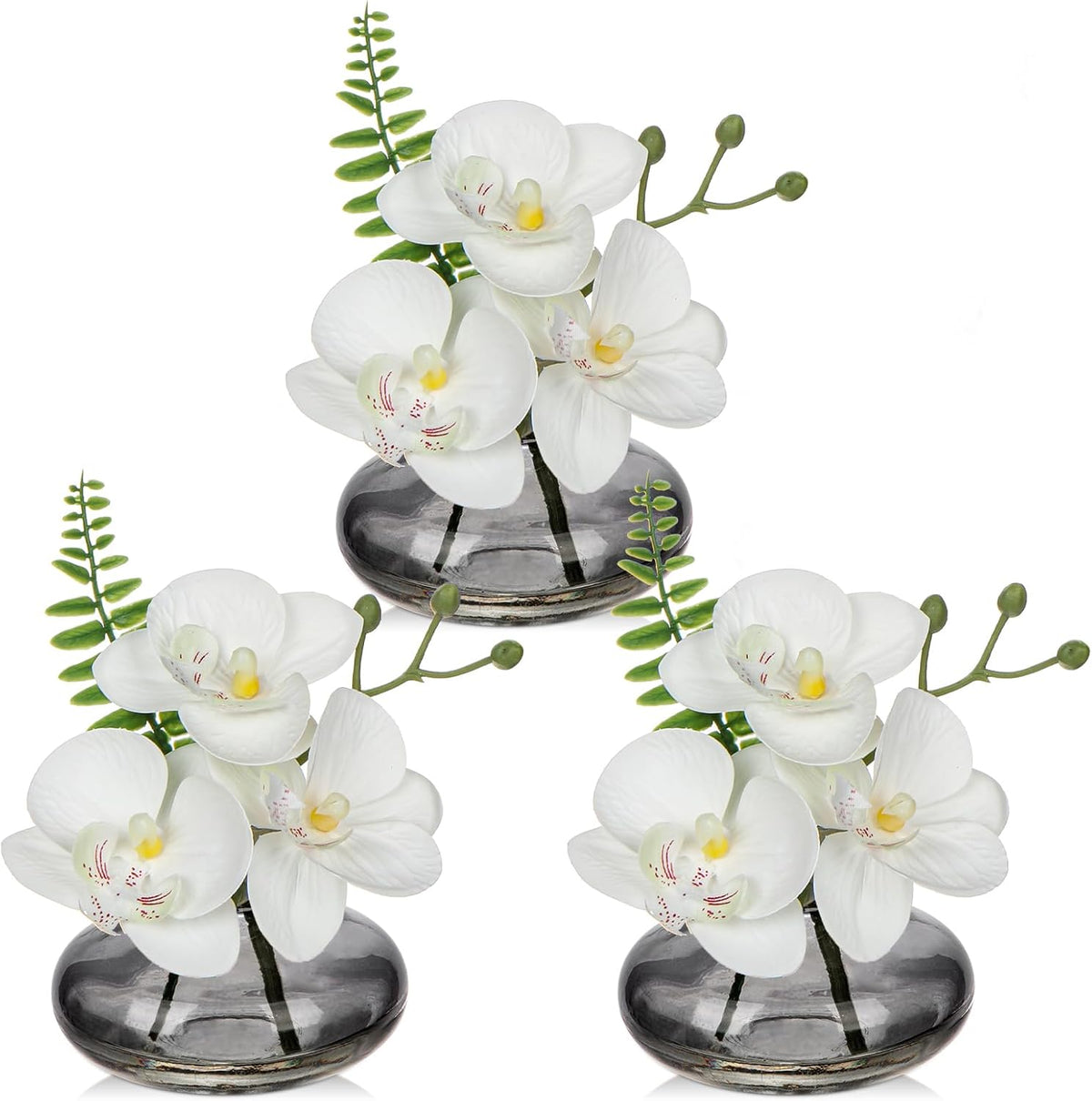 White Orchids Artificial Flowers Faux Orchids Arrangement in Black Glass Vases Set of 3 Real Touch