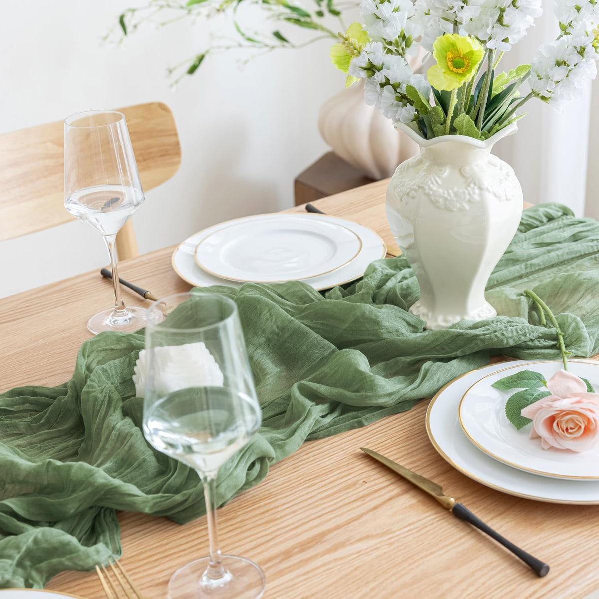 Asee'm 6pcs Cheesecloth Table Runner 120 Inches Sage Green Boho Gauze Cheese Cloth Runner 10FT