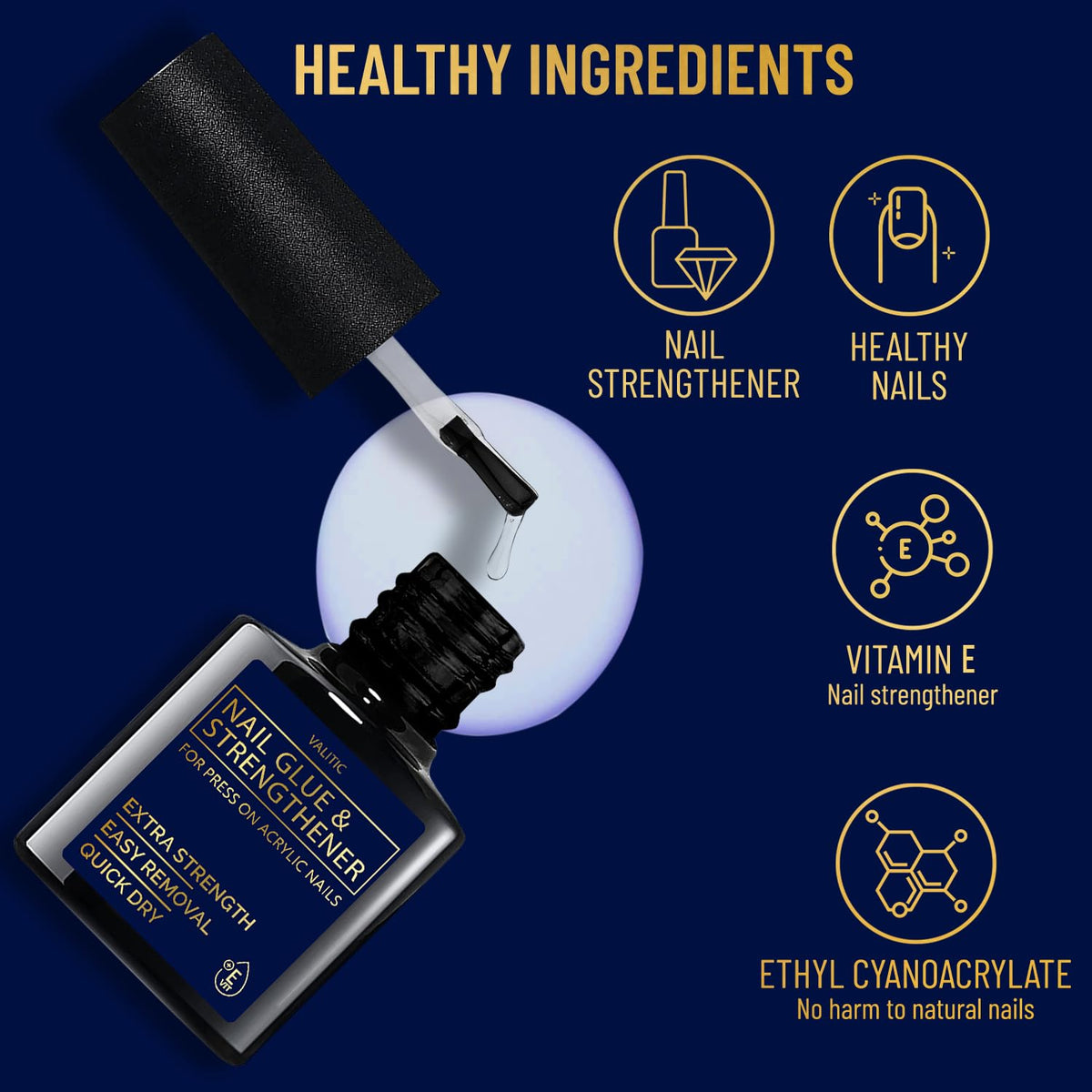 Valitic Strong Nail Glue and Strengthener - Quick Dry Brush On Gel for Long Lasting Nails