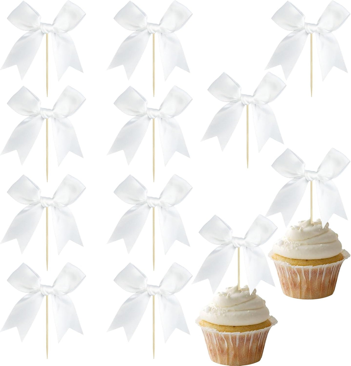Ephlyn 24Pcs White Bow Cupcake Toppers Bow Cake Topper Birthday Decorations Mini Bowknot Cupcake