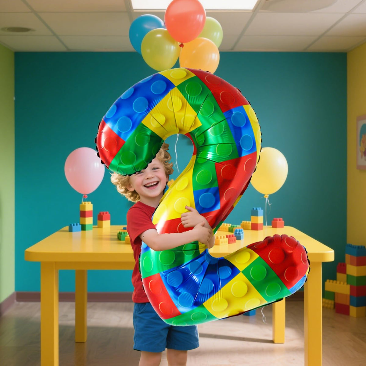 32 Inch Stackable Block Number Balloon – Colorful Brick Building Themed Big Helium Digits for Kids