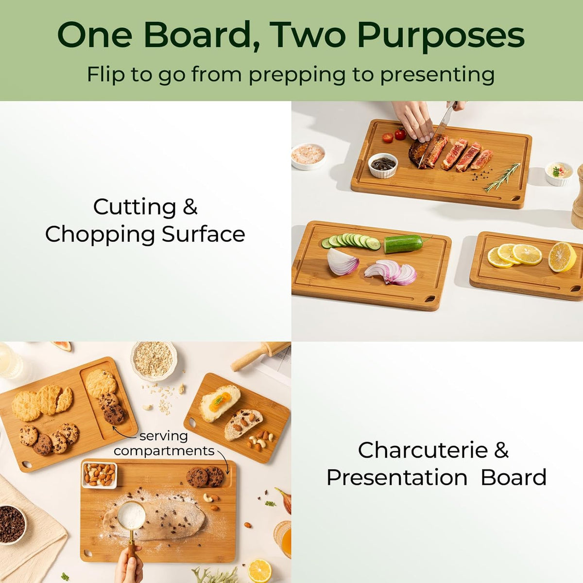 Bamboo Cutting Board, Durable Wood Cutting Boards for Kitchen with Deep Juice Grooves & Built-in