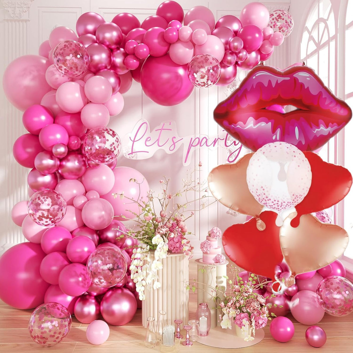 Huge 30inch Red Lip Foil Balloons Set 6 Pieces, Red Hearts and Lips For Make Up Themed Party