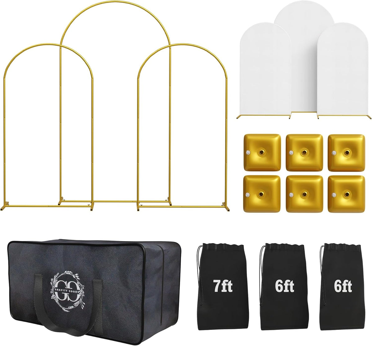 Metal Arch Backdrop Stand and Cover Set – 3 Gold Frames (7.2ft, 6ft x2) with White Wrinkle-Free