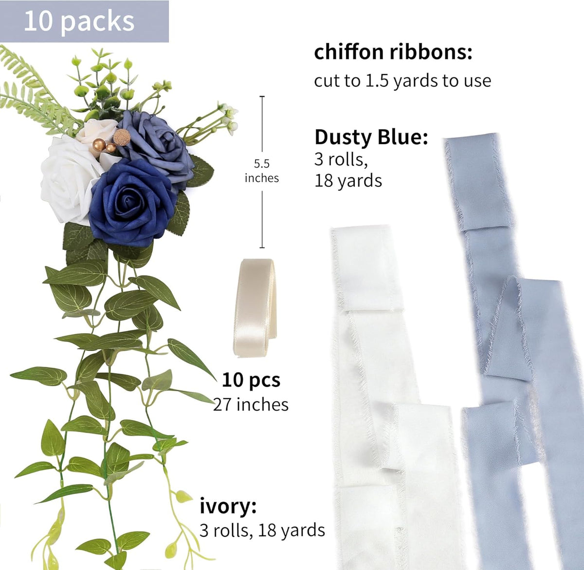 DORIS HOME Wedding Chair Decorations Blue Pew Flowers Set of 10 for Wedding Ceremony Party Aisle