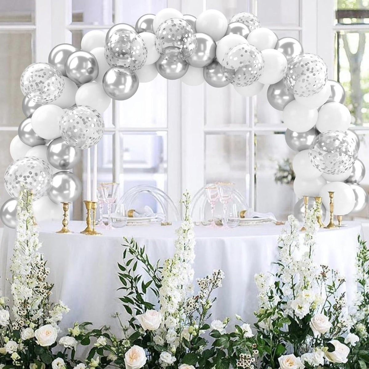 Patimate White and Silver Balloons Set, 50 pcs 12 inch Metallic Silver White Confetti Latex