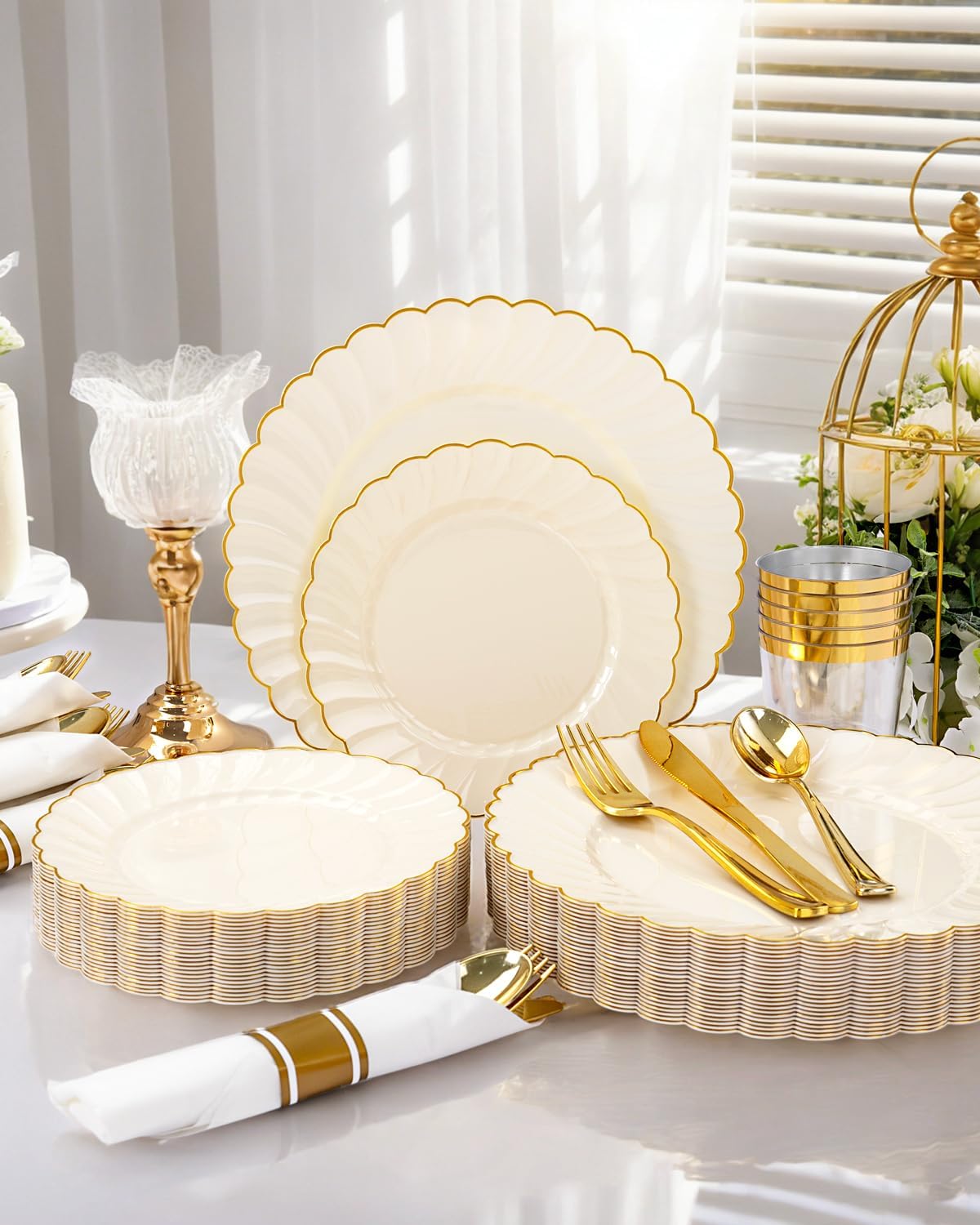YOUBET 350PCS Ivory Scalloped Plastic Plates - Ivory and Gold Disposable Dinnerware Set Include 100