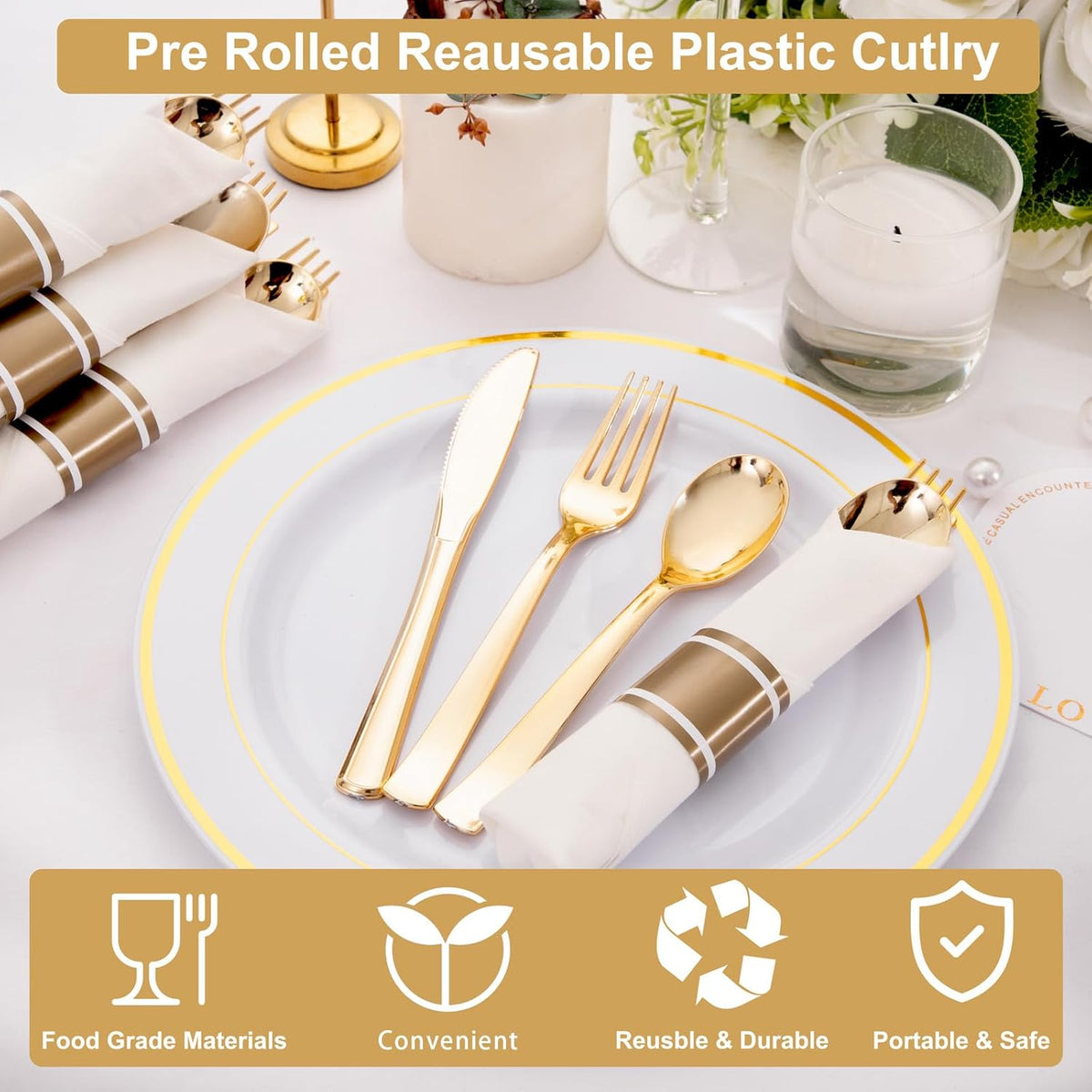 400PCS Pre Rolled Gold Plastic Silverware Sets - Heavy Duty Gold Cutlery - Include 100 Pack Wrapped