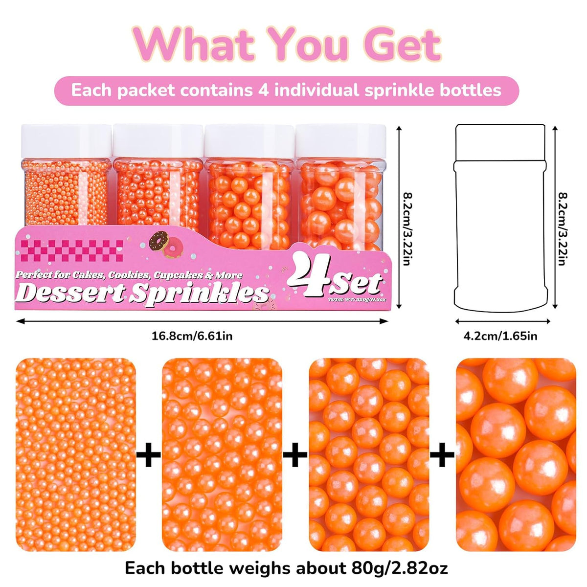Orange Pearl Sprinkles for Cake Decorating, 11.3 Oz Edible Pearls Sugar 4 Sizes Gift Box Set for