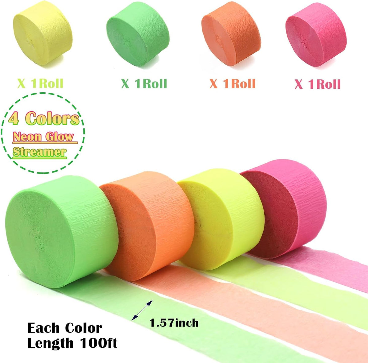 400 feet Glow Party Neon Streamer Decorations Glow Crepe Paper Streamers UV Reactive Fluorescent