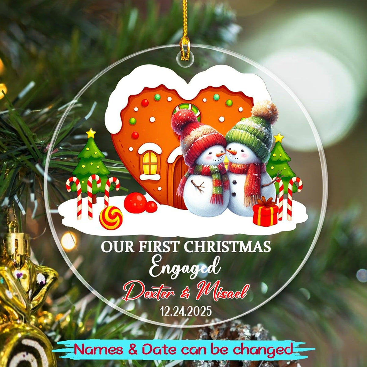 Our First Christmas Engaged Ornament 2025, Personalized Date & Name Engaged Couple Keepsake