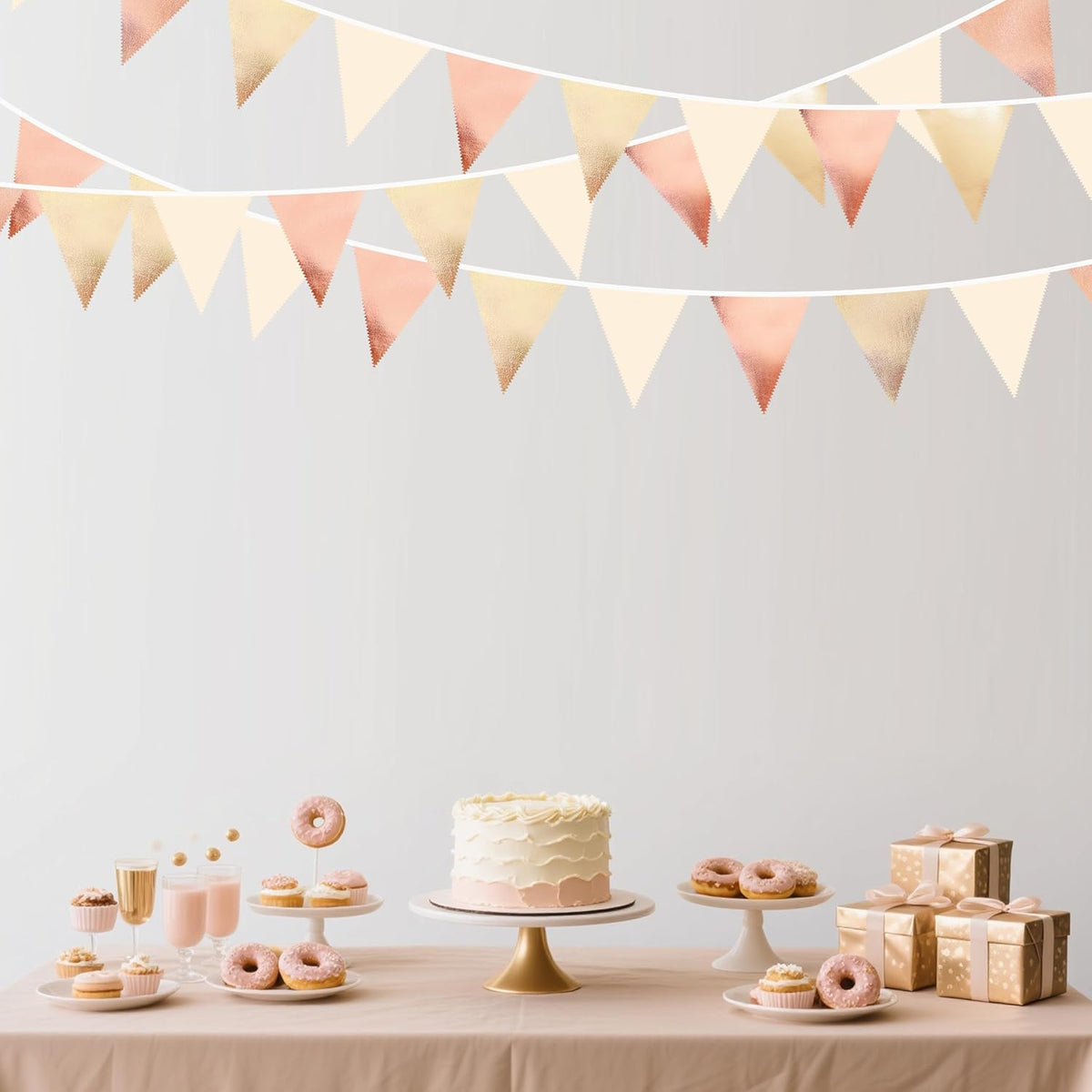 Rose Gold Champagne Gold Beige Party Decorations Metallic Fabric Triangle Flag Pennant Banner