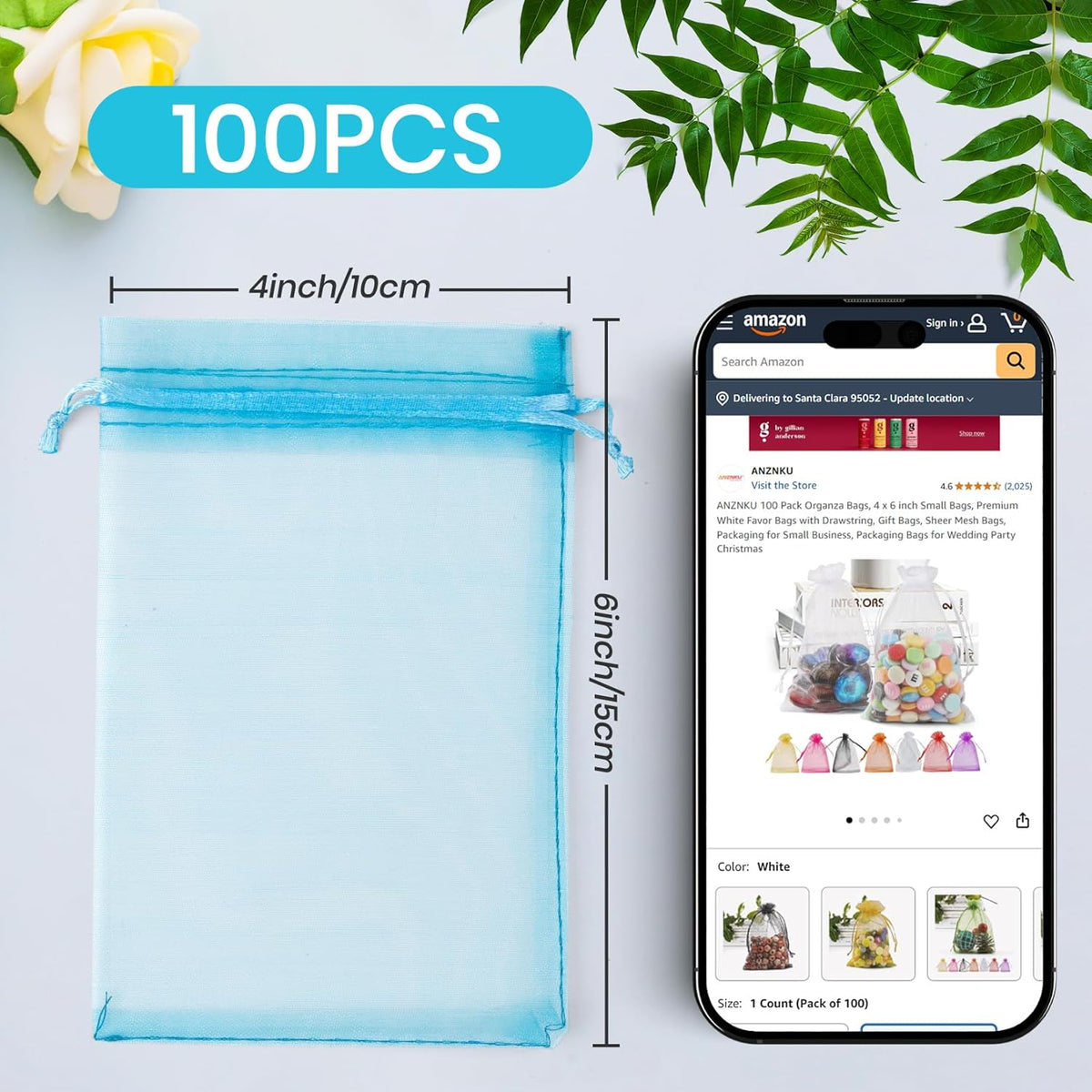 ANZNKU 100 Pack Organza Bags 4x6 Inch, Small Mesh Bag Drawstring Organza Gift Bags for Baby Shower