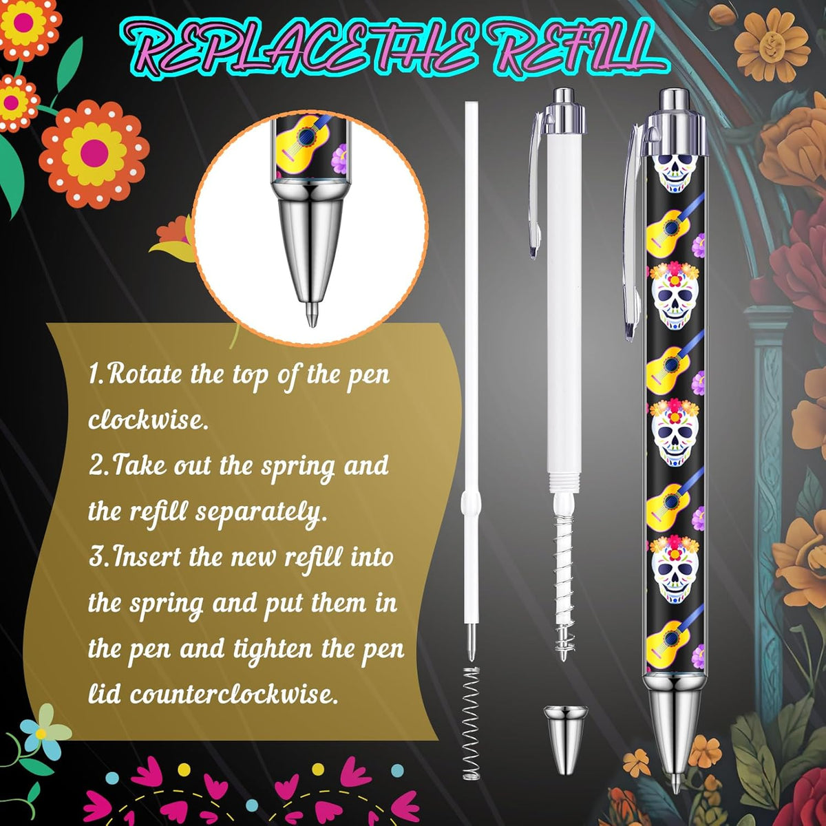 24 Pcs Day of the Dead Gifts Pens Dia De Muertos Party Favors Skull Ballpoint Pen Halloween Party