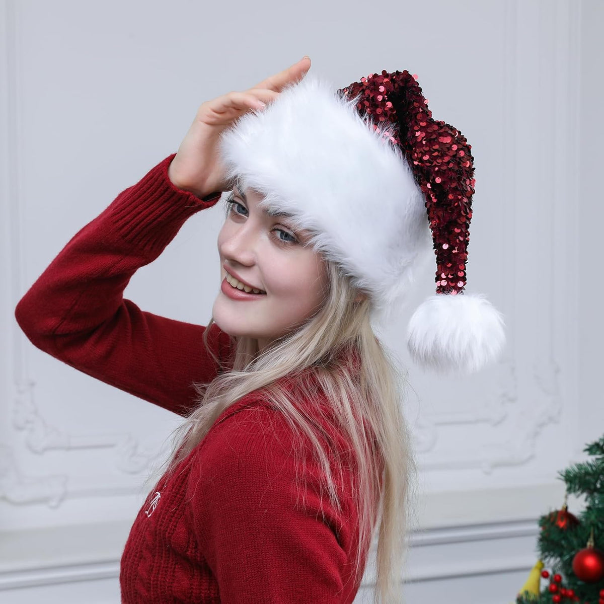 Personalized Sequin Santa Hat for Adults, Red Glitter Christmas Party Hat, Xmas Halloween New Year