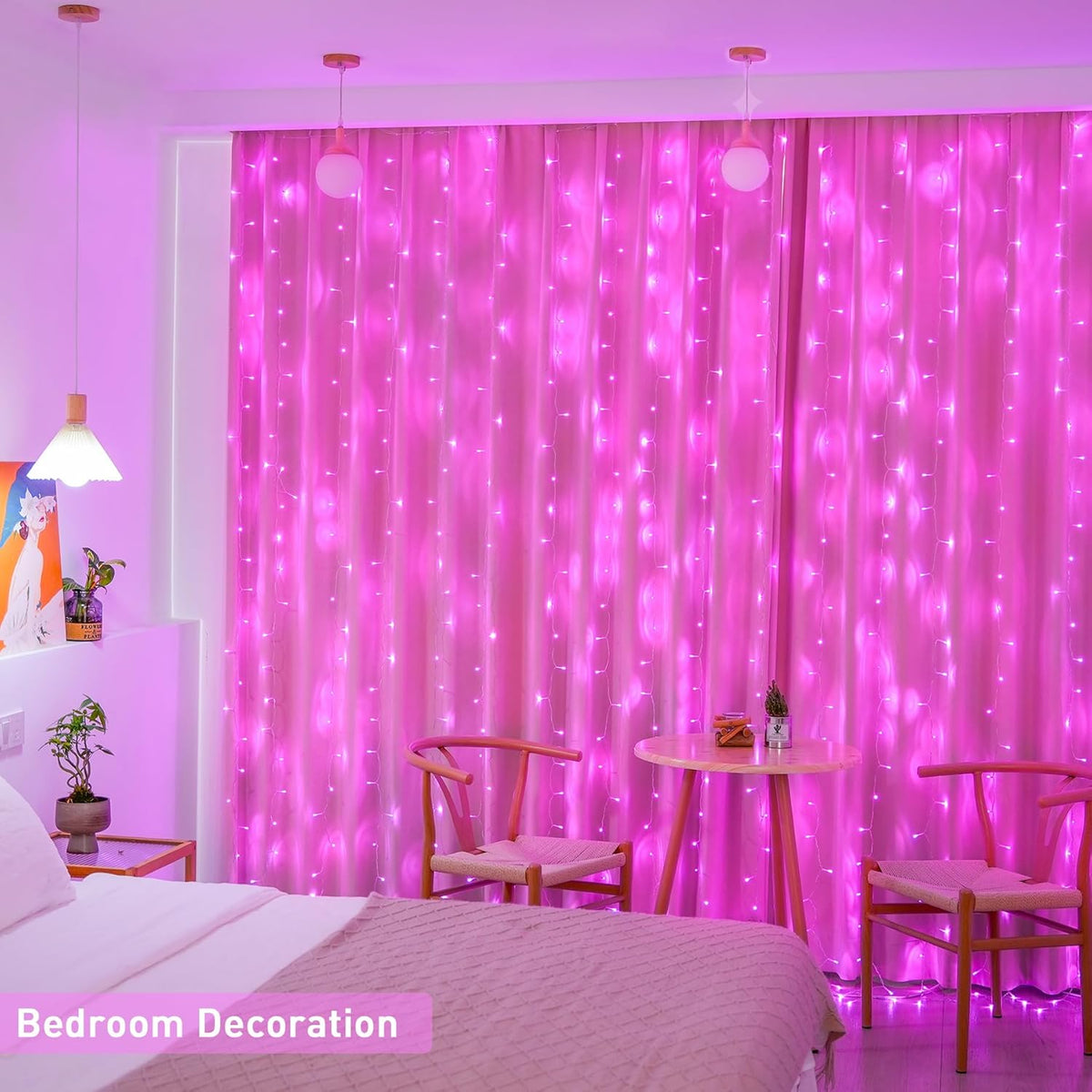 JMEXSUSS 300 LED Curtain Lights Plug in with Remote, 9.8X9.8FT Pink Christmas Lights Indoor, 8
