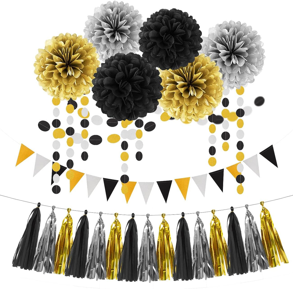 Silver Black Gold Party Decorations - 23pcs Tissue Paper Flowers Pom Poms Tassel Garland Pennant