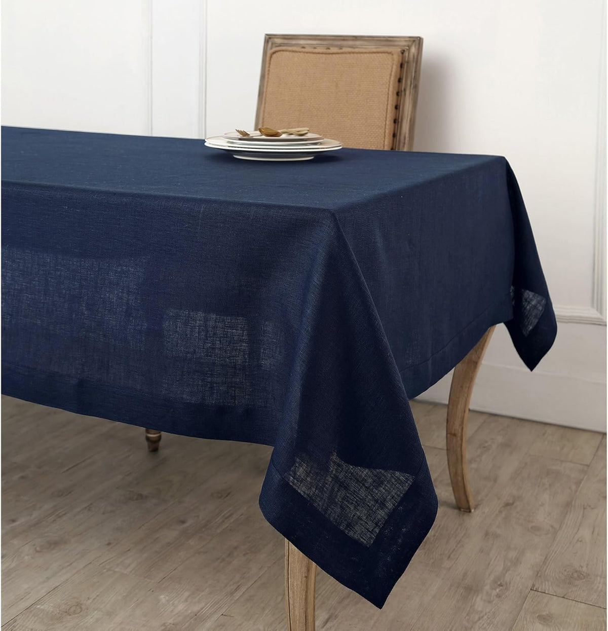 Solino Home Navy Blue Linen Tablecloth 52 x 52 Inch - 100% Pure Linen Square Table Throw - Fete
