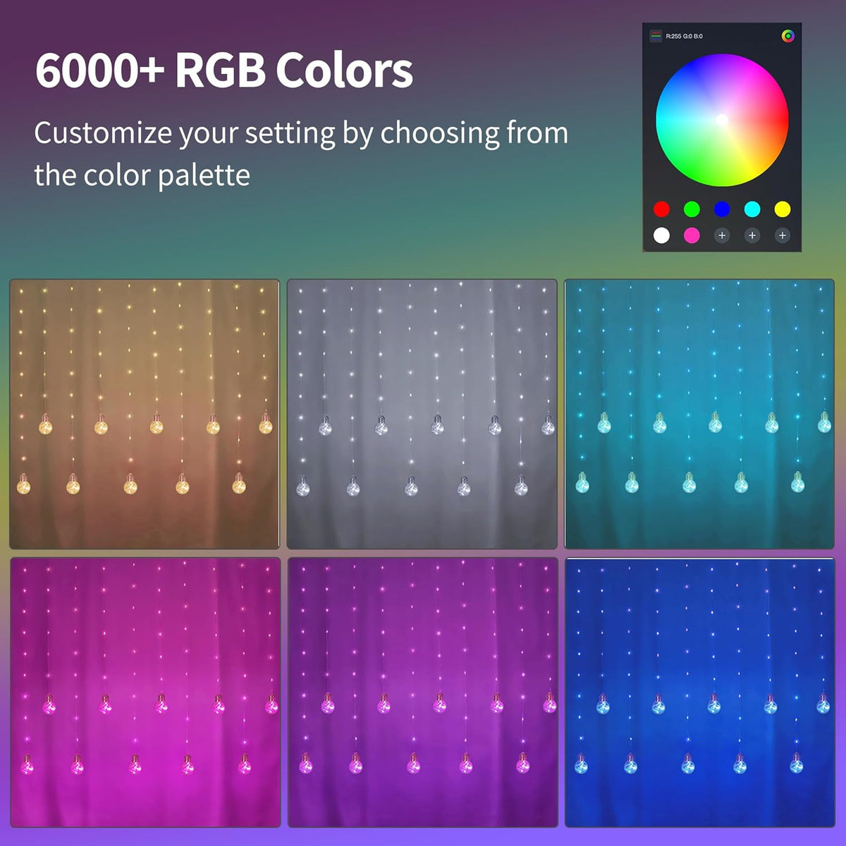 Color Changing Wishing Ball Curtain Lights, 9.8 x 3.3 FT RGB LED Fairy Light with Remote App