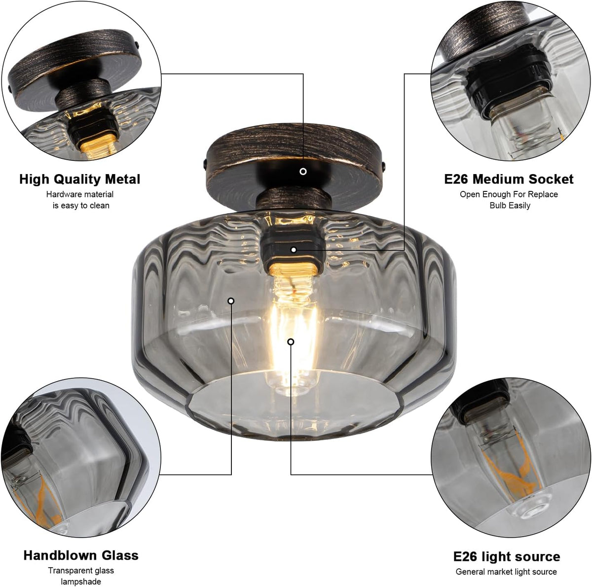 Smoked Glass Flush Mount Ceiling Light with 1200LM LED - Black Champagne Gold 8.66" Damp Rated