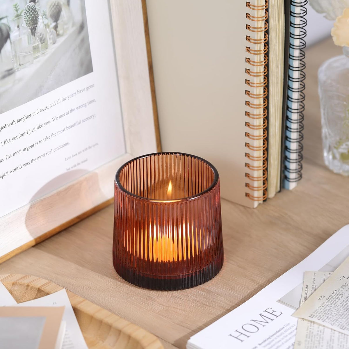 Amber Ribbed Tealight Votive Candle Holders Set of 10- Votive Candle Holders for Table Centerpiece