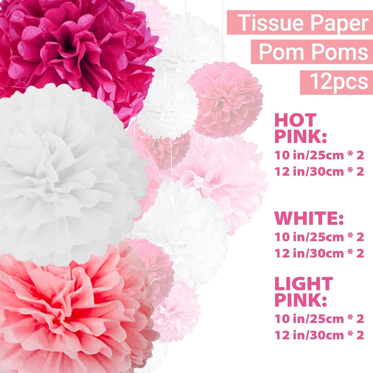 Capesaro Pink Paper Pom Poms - 10",12" Tissue Pom Poms Decorations for Bachelorette Baby Shower