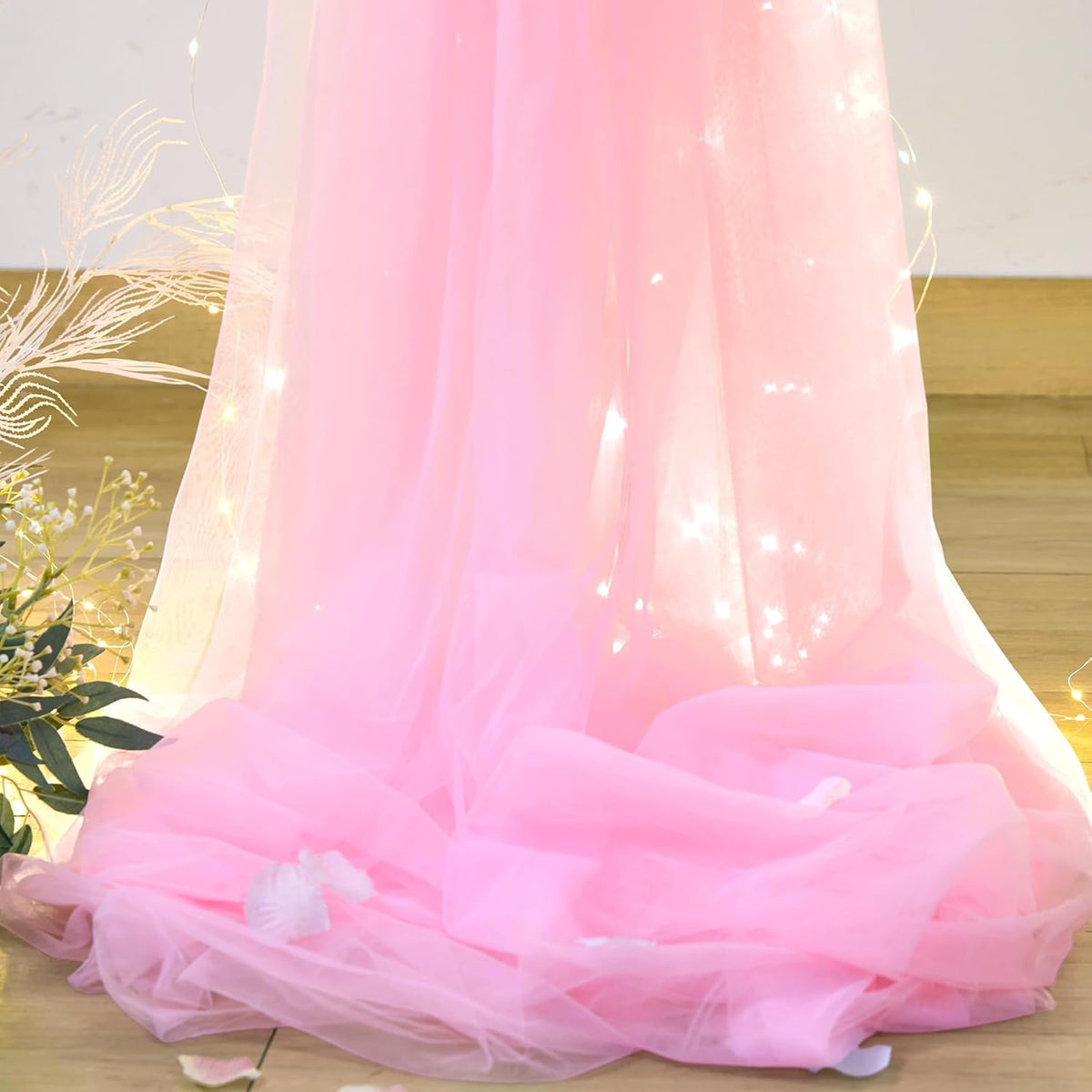Pink Tulle Backdrop Curtains with Lights String for Parites 10ft×8ft Wrinkle Free Pink Sheer