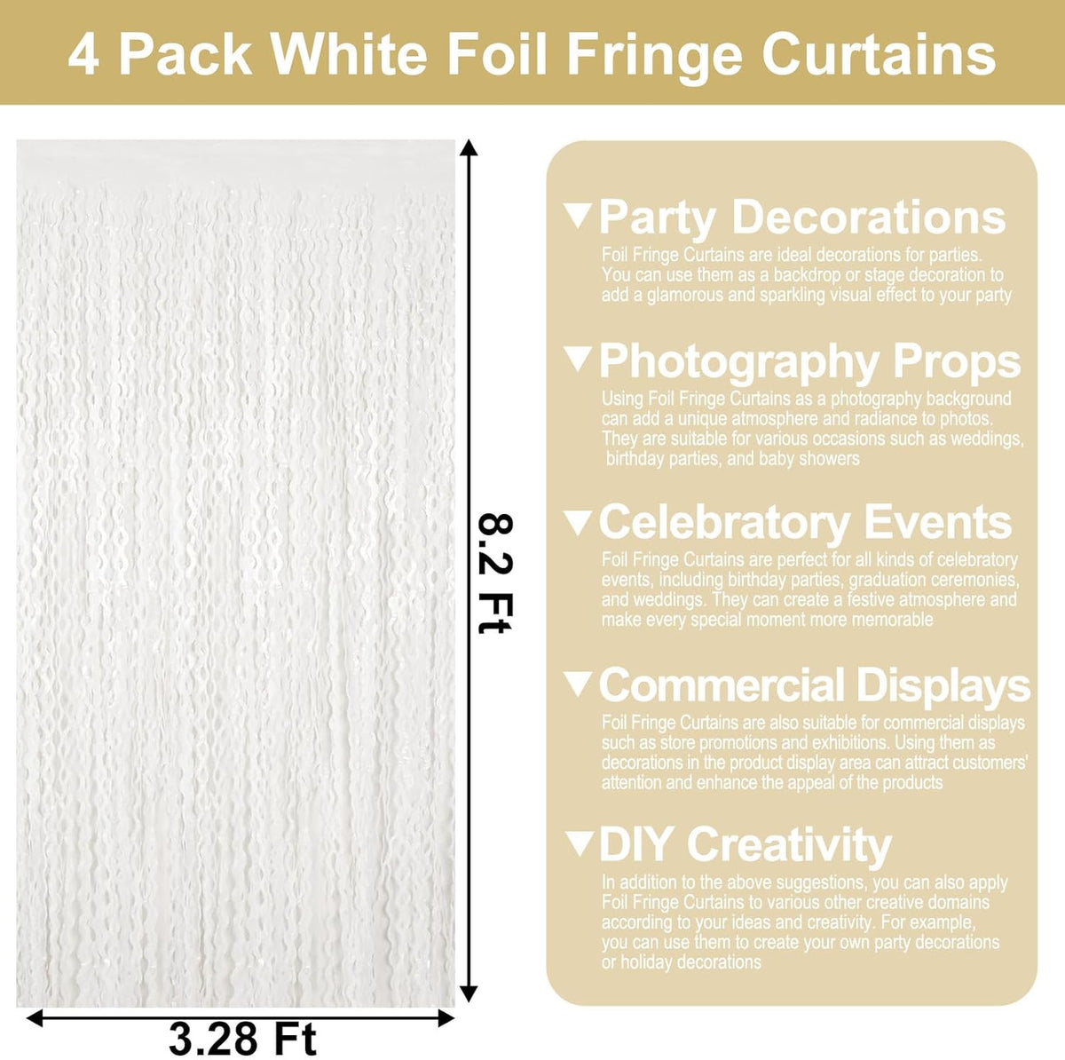 4 Pack Macaron White Wave Foil Fringe Curtain Backdrop, 3.28Ft x 8.2Ft Metallic Tinsel Foil Fringe