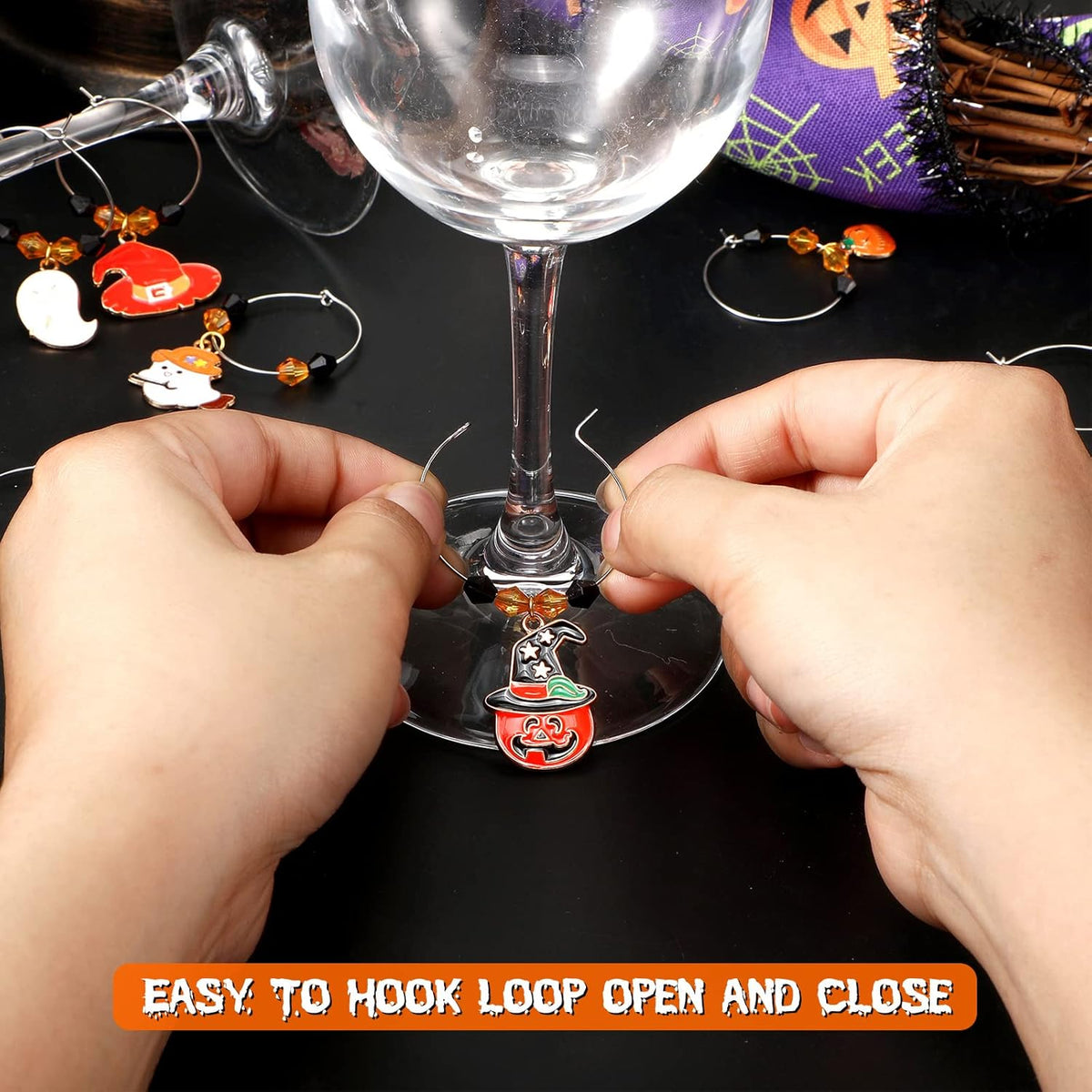 Inbagi 24 Pcs Halloween Wine Glass Charms Halloween Enamel Wine Charms Pendant Pumpkin Witch Hat