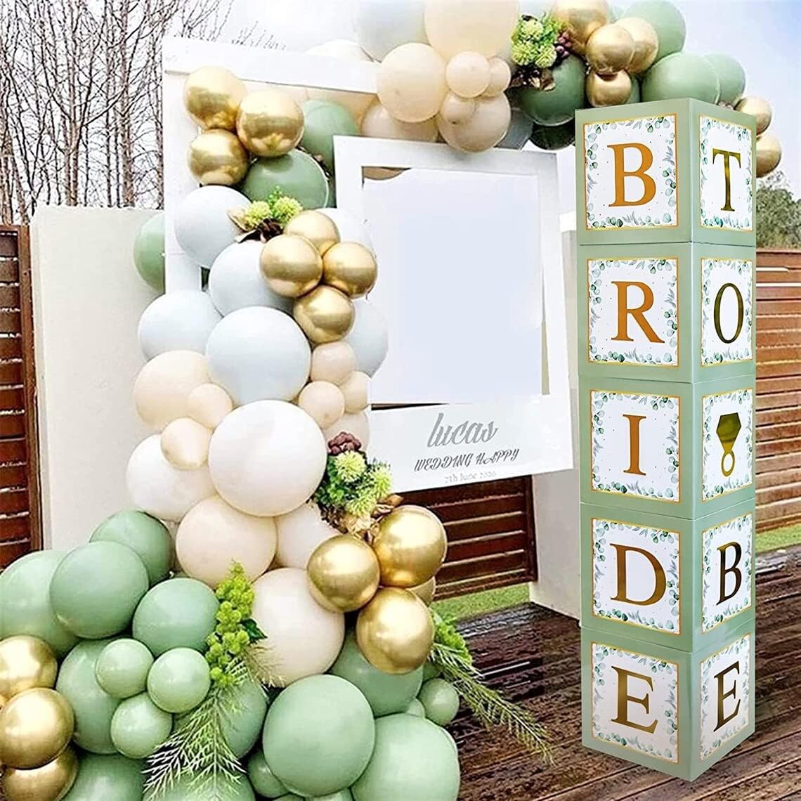 101 PC Greenery Bridal Shower Decorations Balloon Boxes Gold- Blocks with BRIDE TO BE + GROOM + A