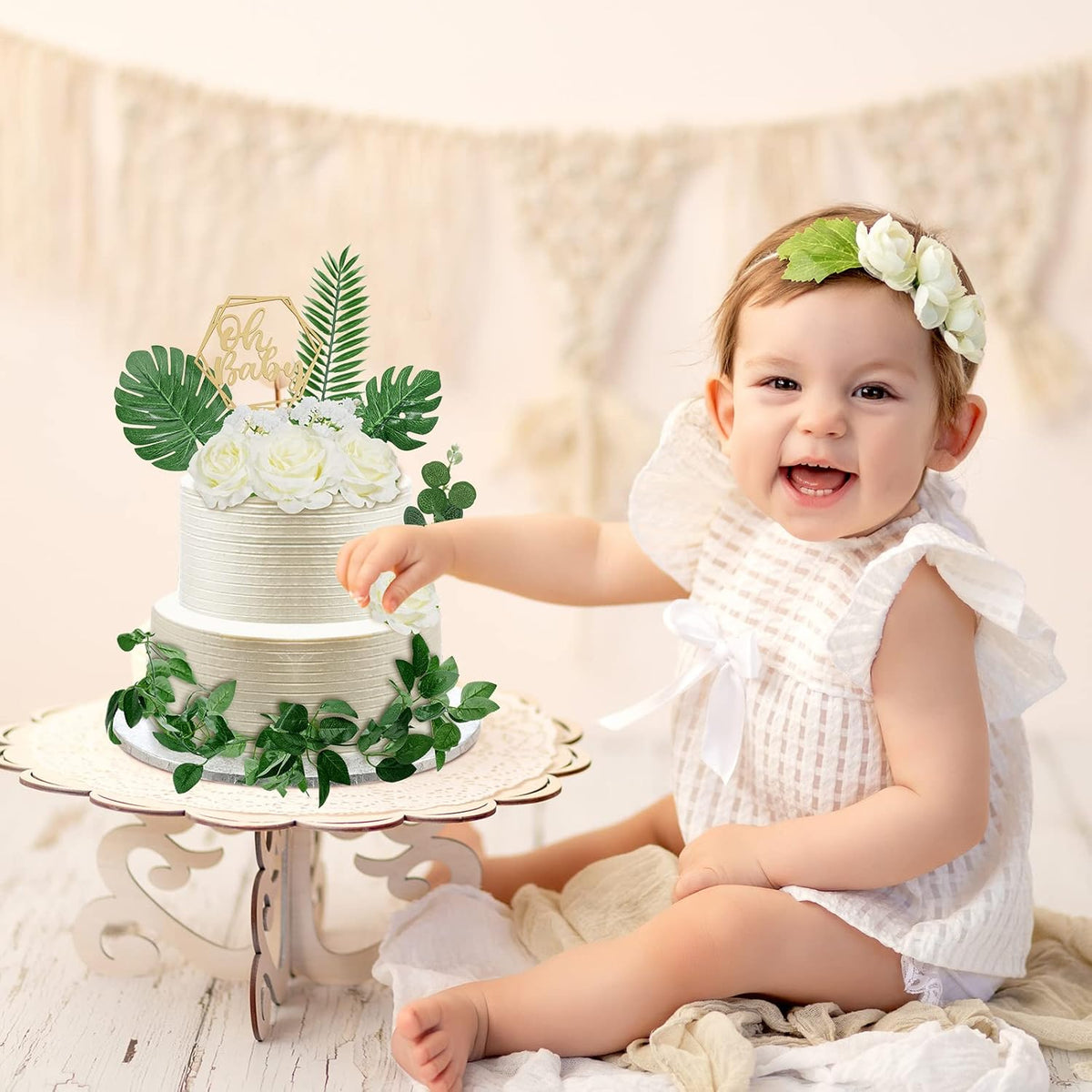 34-piece Wood Cake Topper Set - Boho Cake Decorations with Artificial Eucalyptus Leaves for Gender