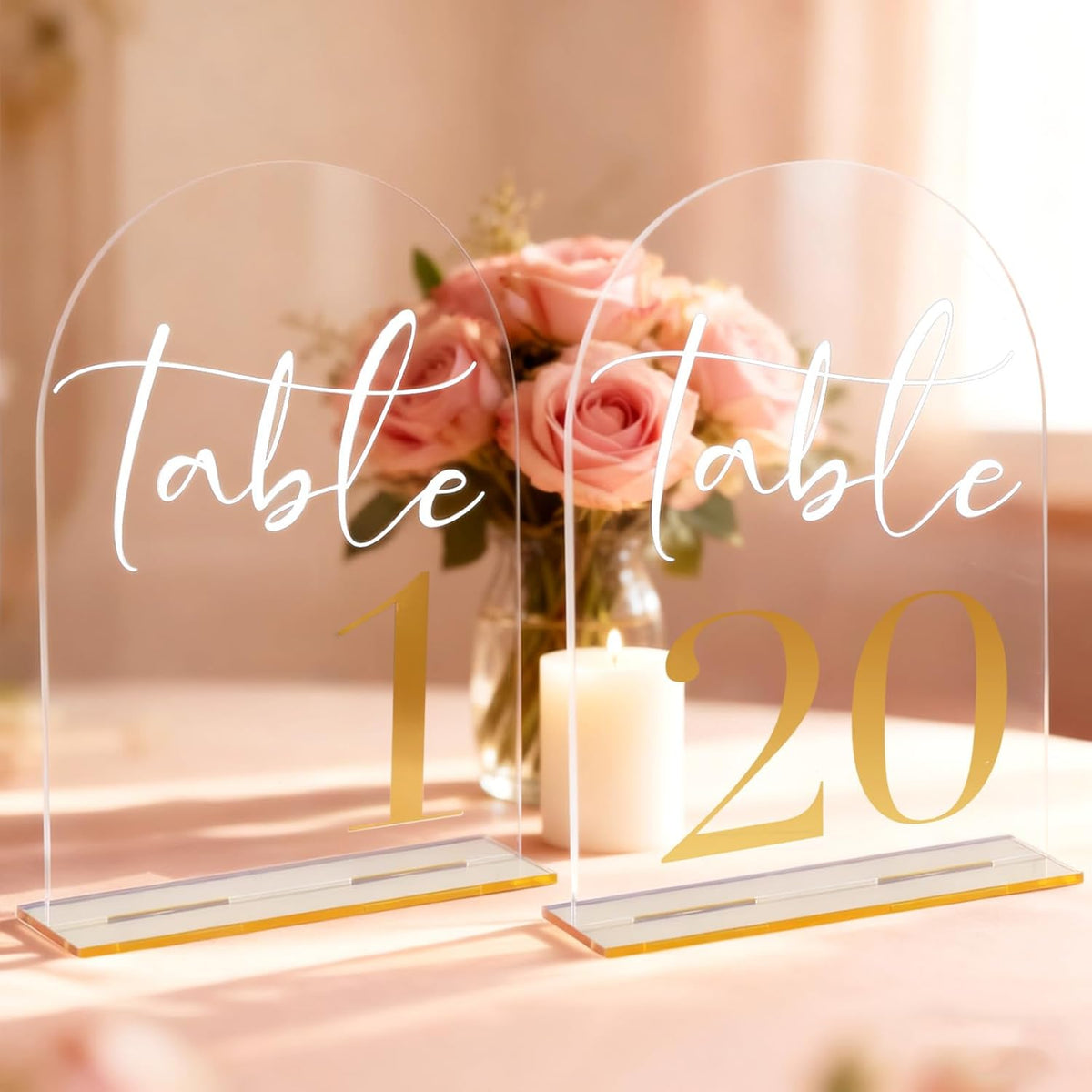 Wedding Table Numbers 1-20 with Stands, 5” x 7” Elegant Acrylic Display Signs with Golden Text