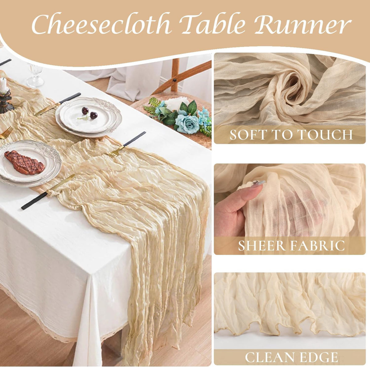 10 Pack Champagne Cheesecloth Table Runner 35x120 Inches, Fall Thanksgiving Cheese Cloth Table