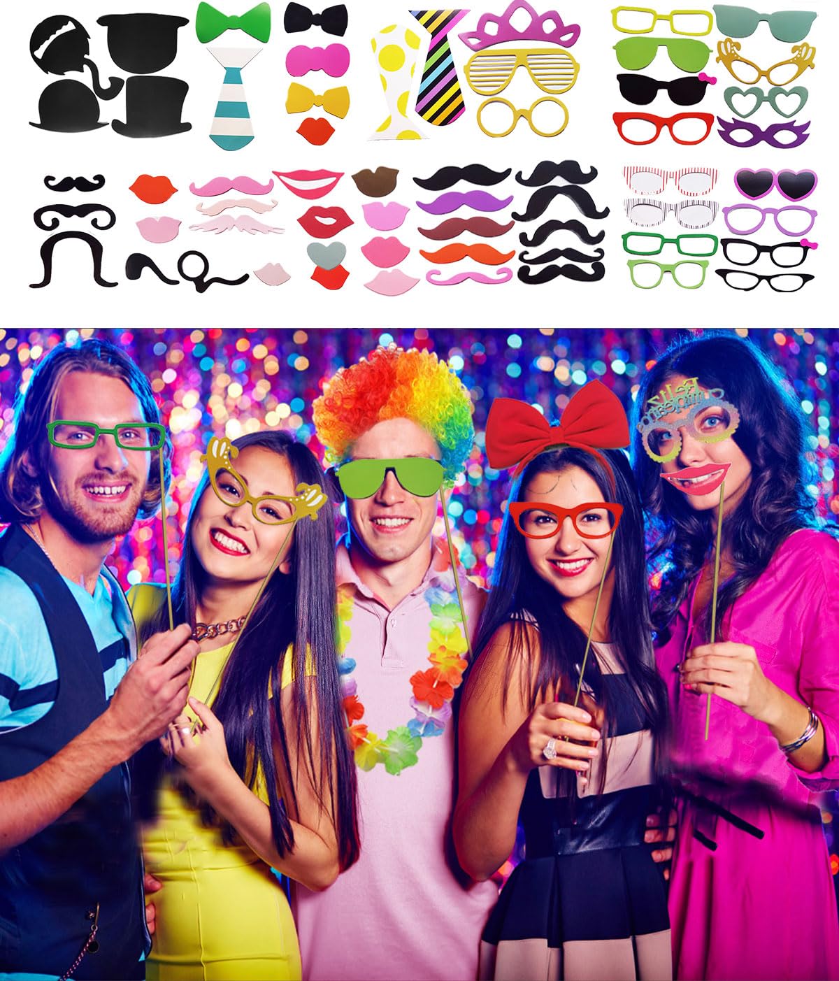 80pcs Large Gorgeous Photo Booth Props Set Birthday Party Accessories Kit Includes Clown Wig Foil