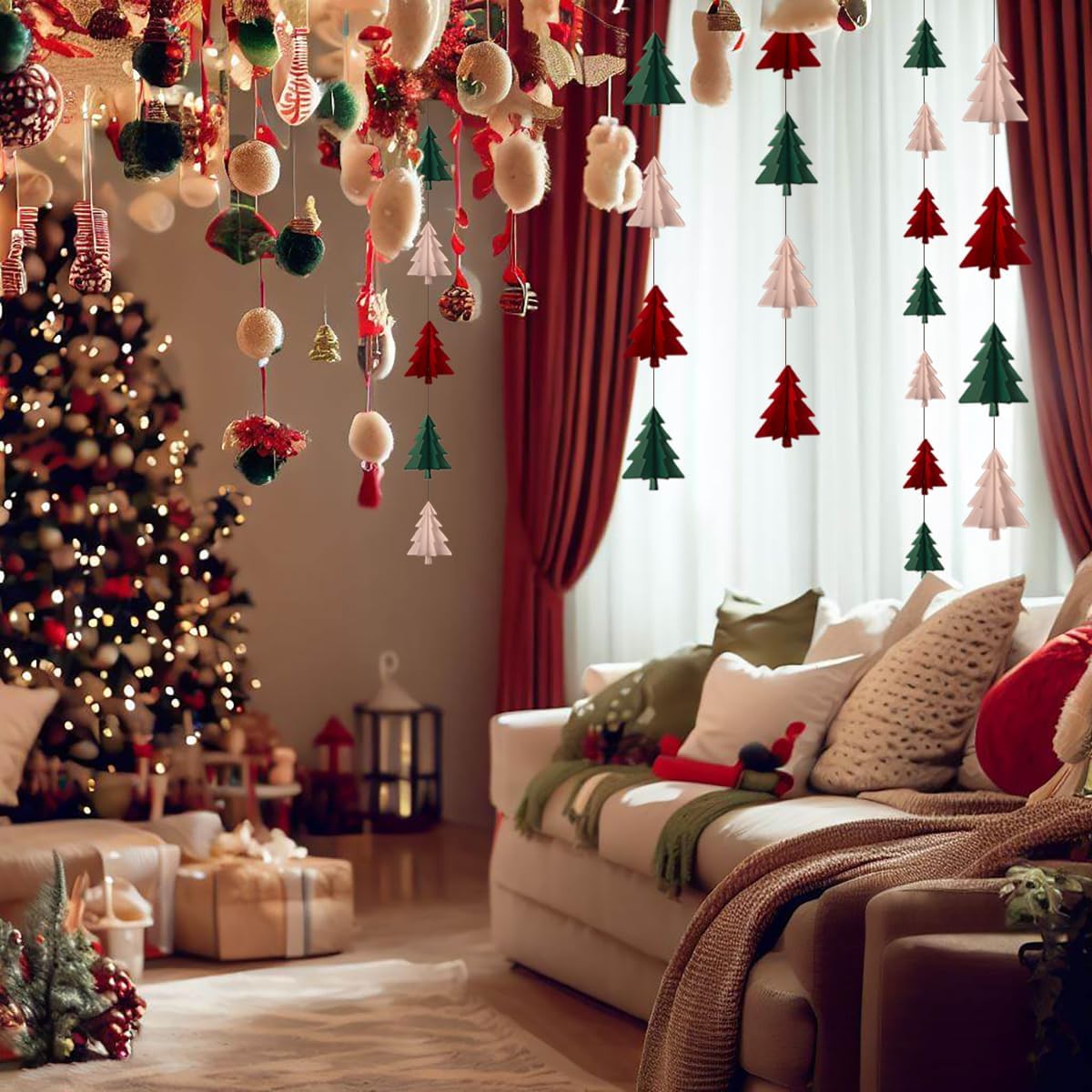 Red White Green Christmas Decorations - 23pcs Tissue Paper Flowers Pom Poms Tassel Garland Banner