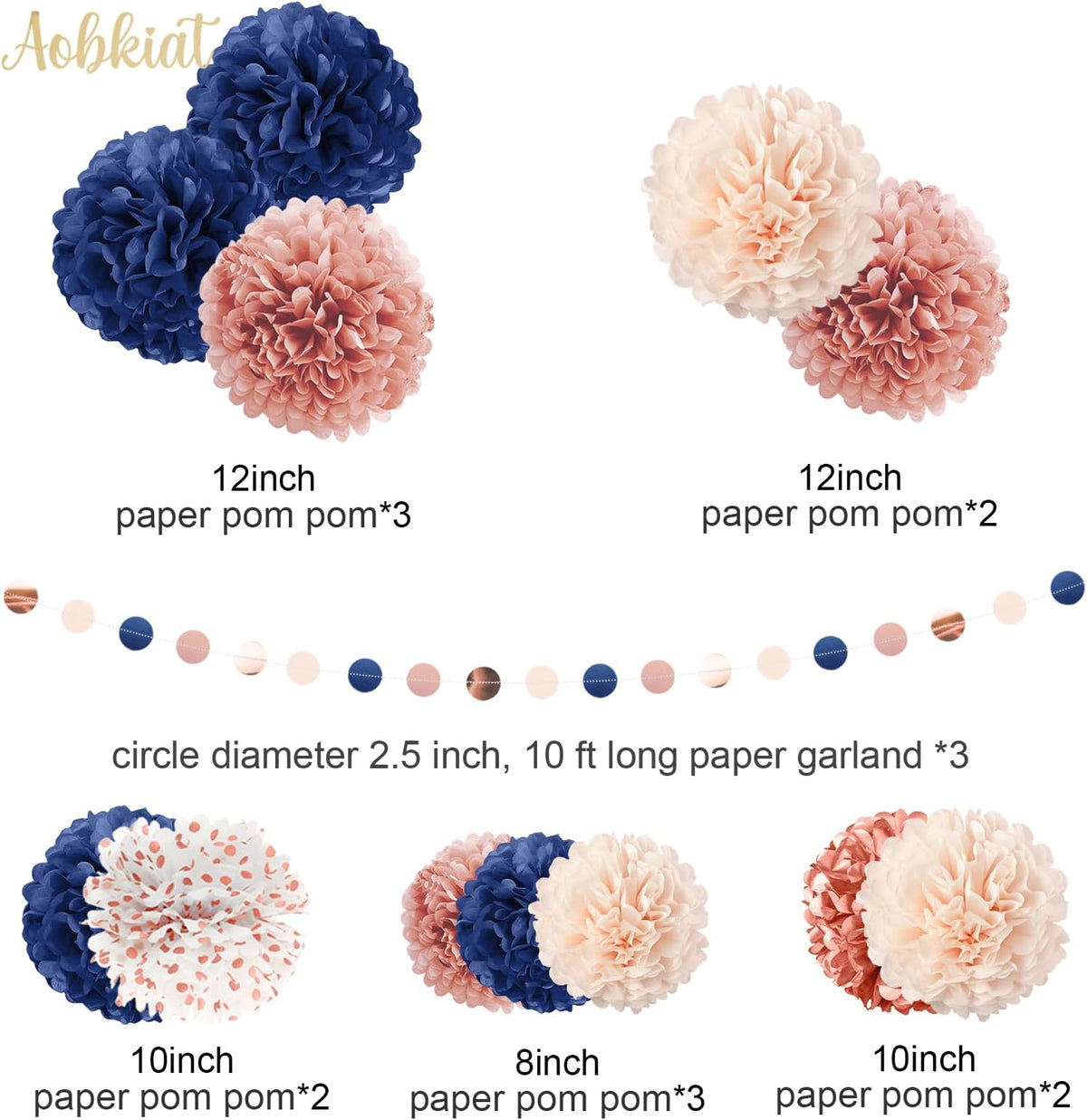 AOBKIAT Rose Gold and Navy Blue Party Decorations Set,Tissue Paper Pom Poms,Paper Garland for Women