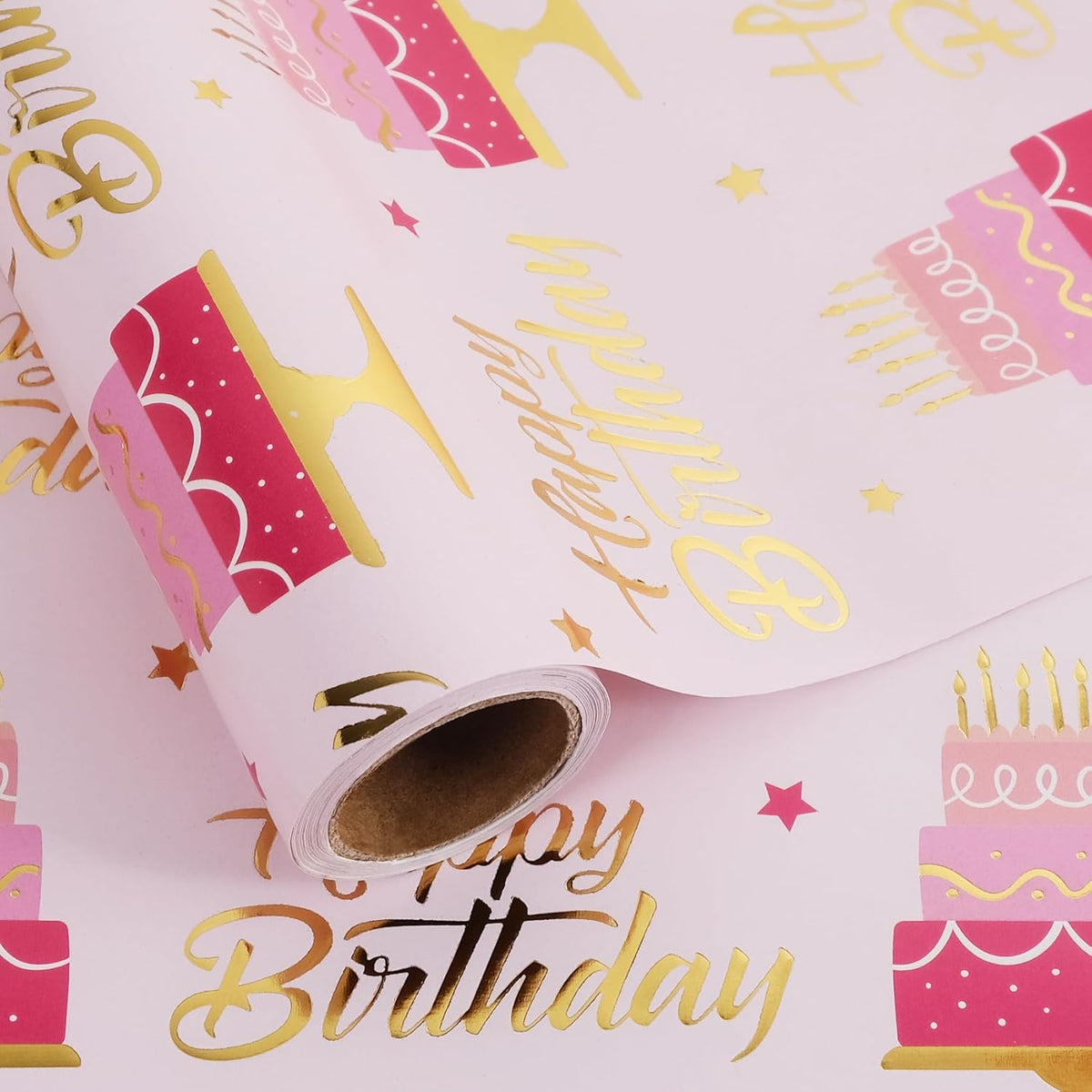 Aimyoo Pink Birthday Wrapping Paper Roll - 17 Inch X 16.4 Feet - Gold Foil Celebration Cake, Happy