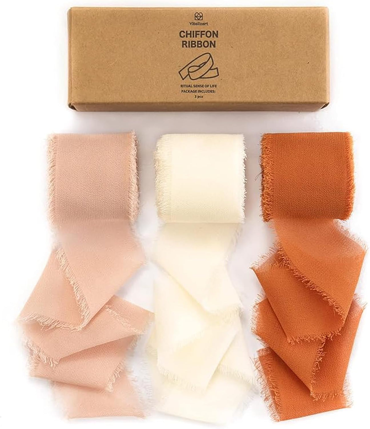 Vitalizart Fall Handmade Chiffon Silk Ribbon Fringe 1.5" x 21 Yd Terracotta Cream Frayed Edges