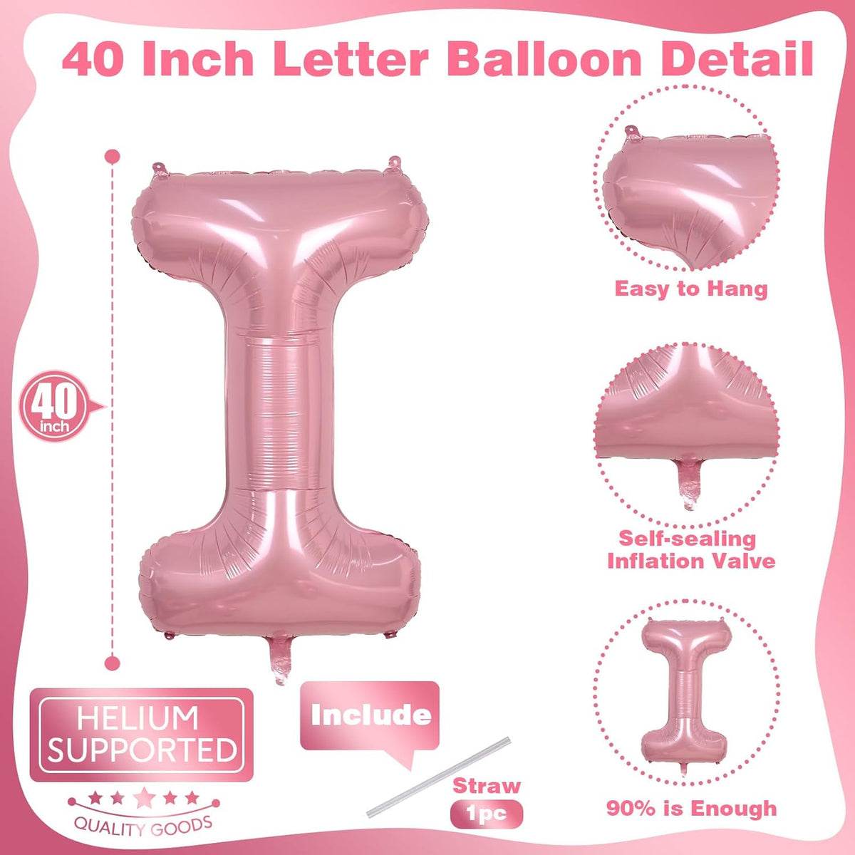 Pastel Pink I Letter Balloon, 40" Alphabet Foil Light Pink, Large Self Inflating for Girls Birthday