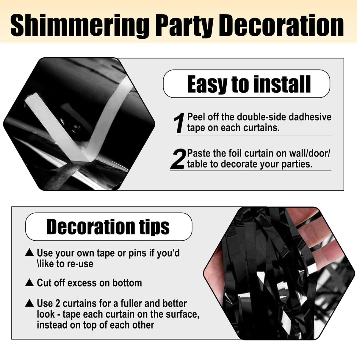 3 Pack Black Foil Fringe Curtain Backdrop, 3.28Ft x 8.2Ft Metallic Tinsel Foil Fringe Streamer