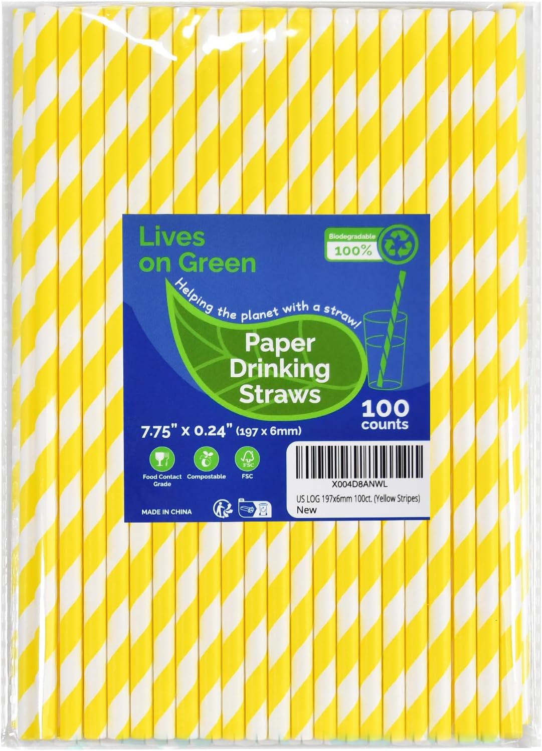 Eco-friendly Yellow White Striped Disposable Paper Drinking Straws 7.75'' x 0.24'' 100 Counts - for